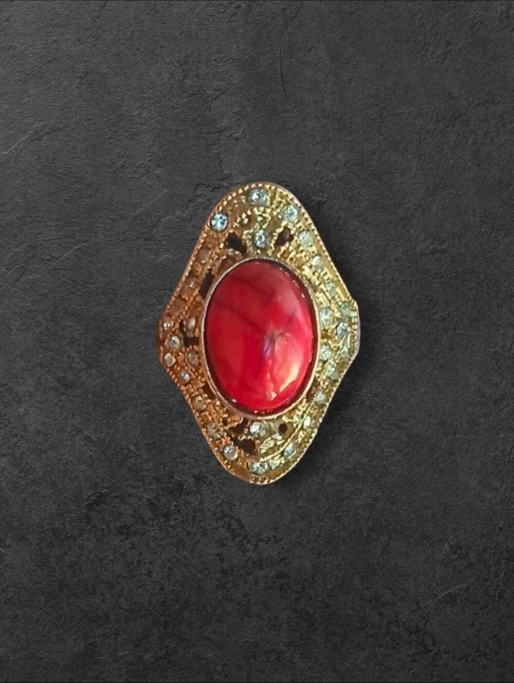 Vintage Gold Tone Filigree Statement Ring with Red Faux Turquoise Cabochon